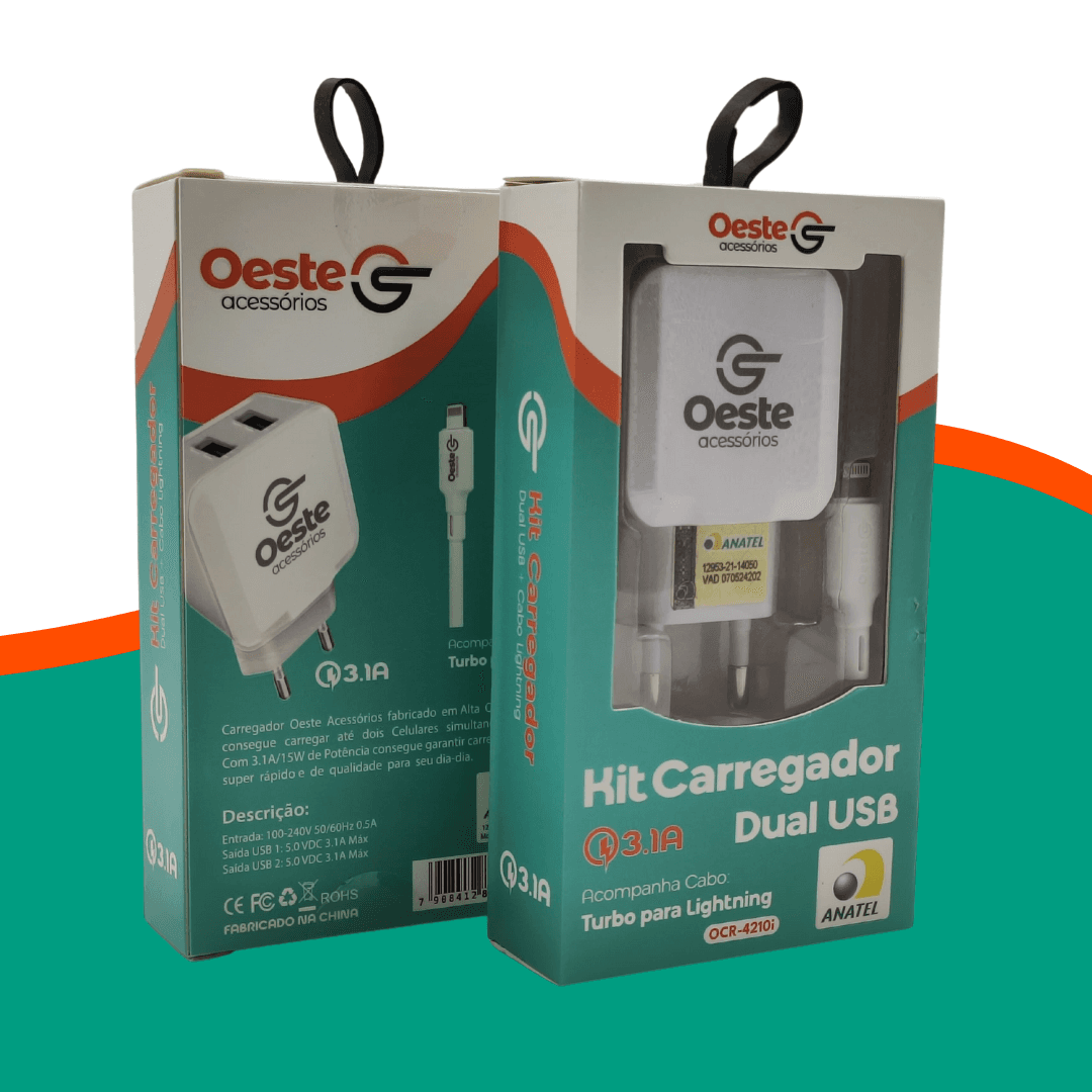 KIT CARREGADOR DUAL USB LIGHTNING - OESTE ACESSORIO OCR-4210I