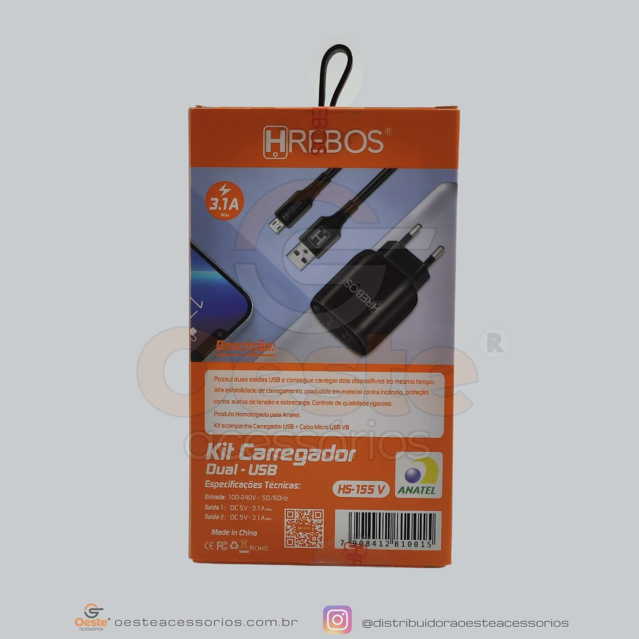 CARREGADOR MICRO USB 2.4A HREBOS - HS-155V