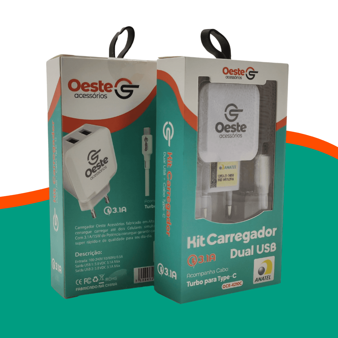 KIT CARREGADOR 3.1A DUAL USB + CABO TURBO PARA TYPE-C MODELO OCR-4210C