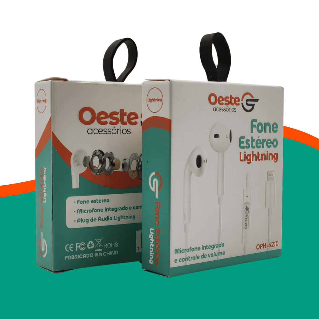 FONE ESTÉREO LIGHTNING COM MICROFONE INTEGRADO E CONTROLE DE VOLUME OESTE ACESSÓRIOS MODELO OPH-6210