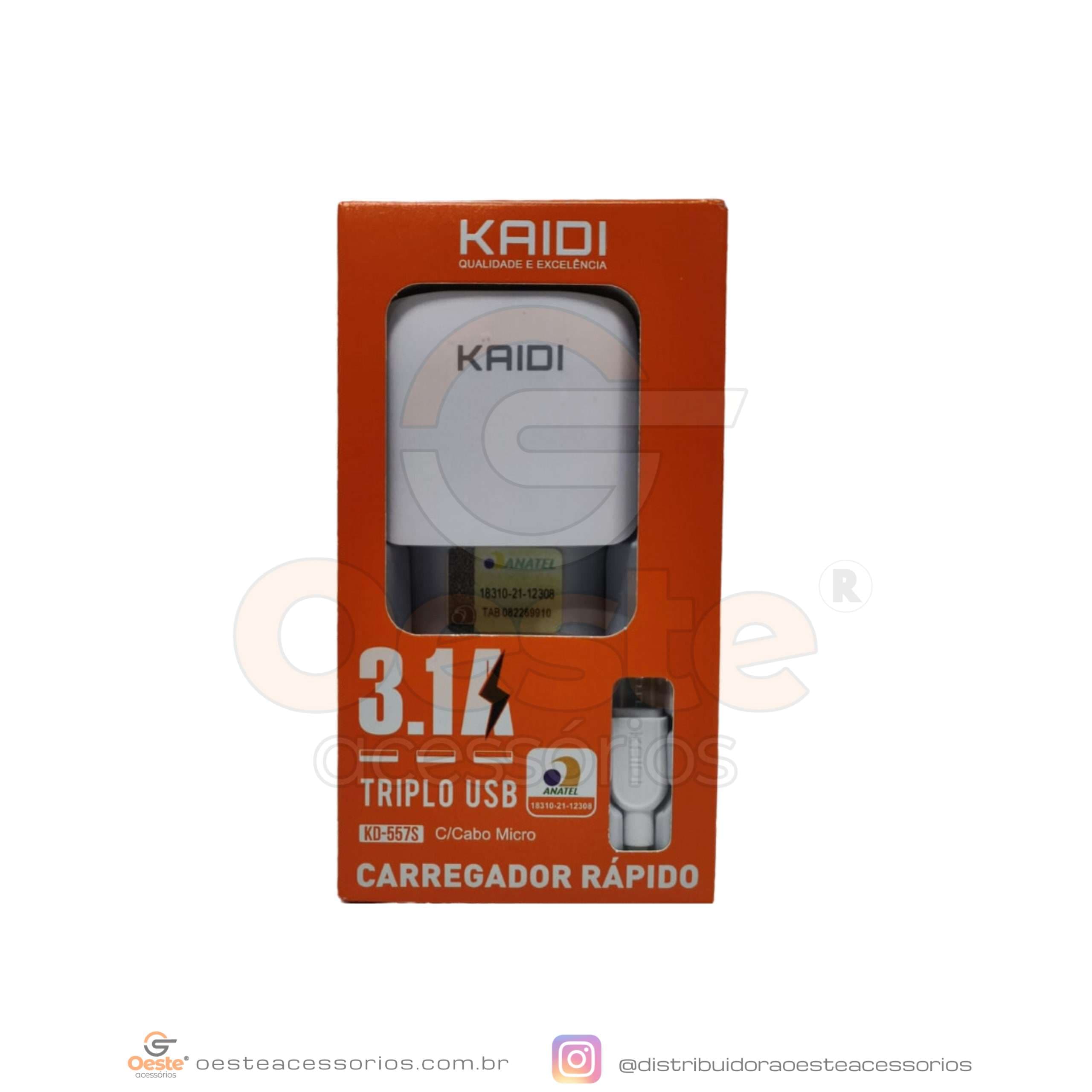 CARREGADOR RAPIDO KAIDI 3.1A V8 KD-557S