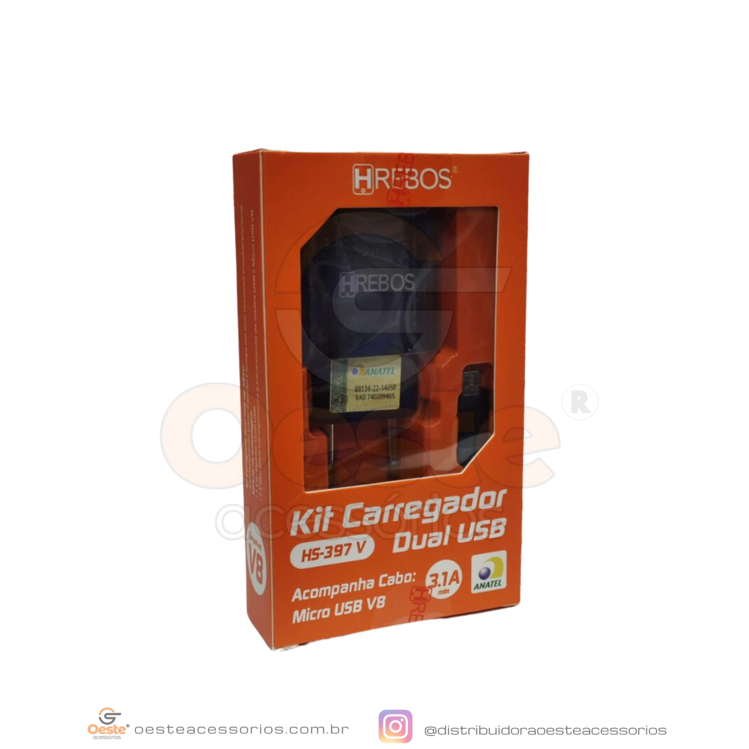 HS-397V KIT CARREGADOR DUAL USB 3,1A HREBOS V8