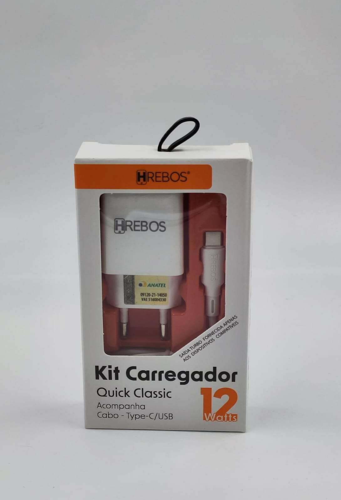 KIT CARREGADOR CLASSIC 12W TYPE-C/USB H'REBOS CRG-150C